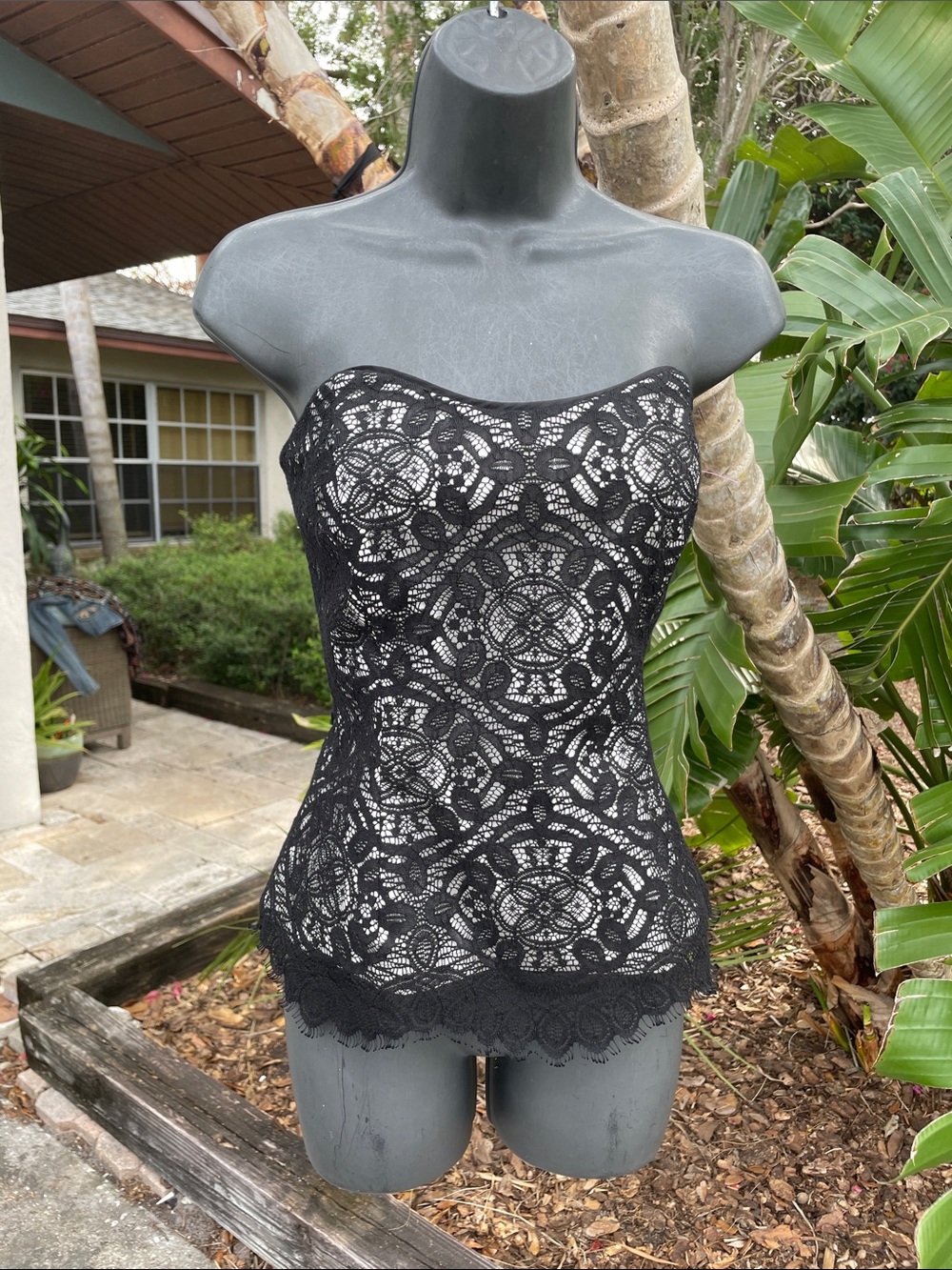 strapless lace corset top with peplum